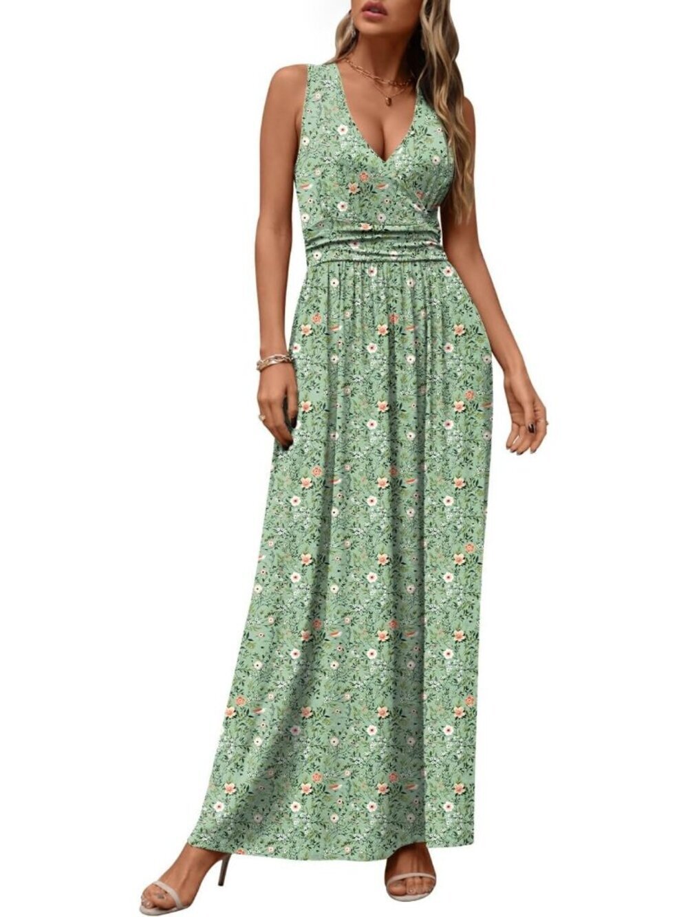 Women's Flower Sparrow Green Sleeveless Summer Casual Formal  Pockets Maxi Dress